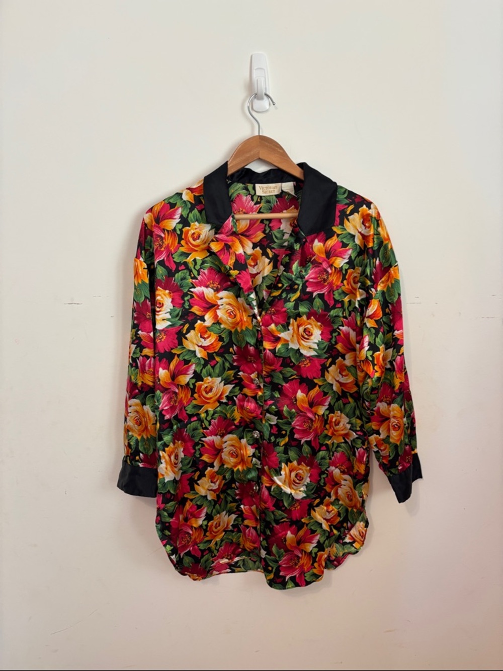 Victoria's Secret Black Floral Button-Up with Bright Blooms